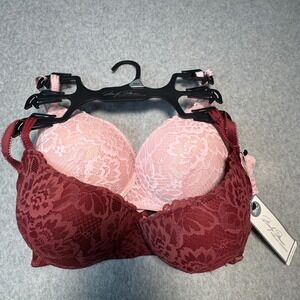 Marilyn Monroe Intimates 2PK Mega Push-Up Lace Bras Pink Burgundy 36C MM5576